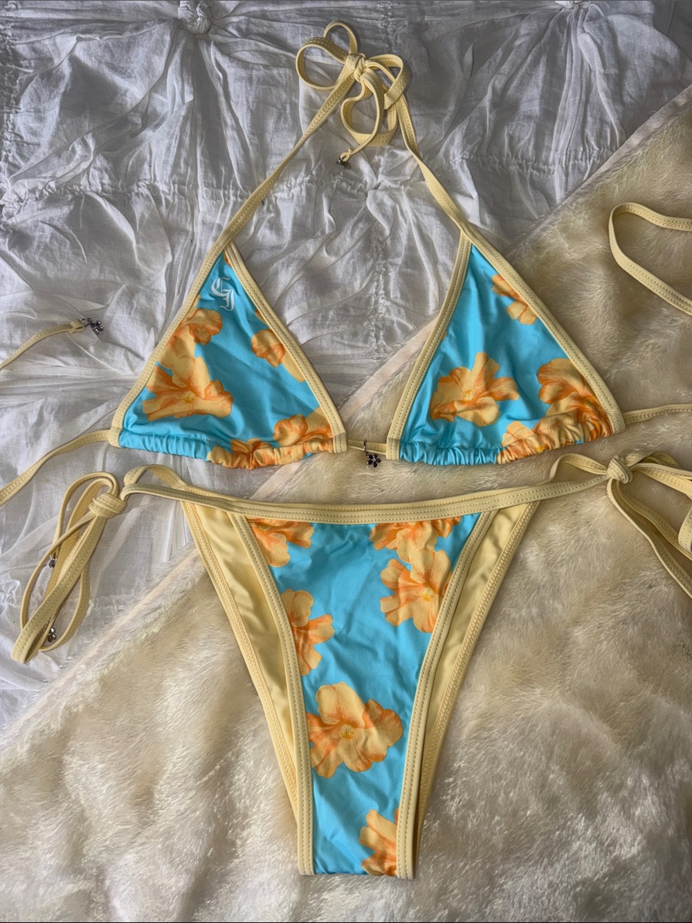 CI SWIM Blue & Yellow Floral Swimsuit with Silver Flower Charm Details